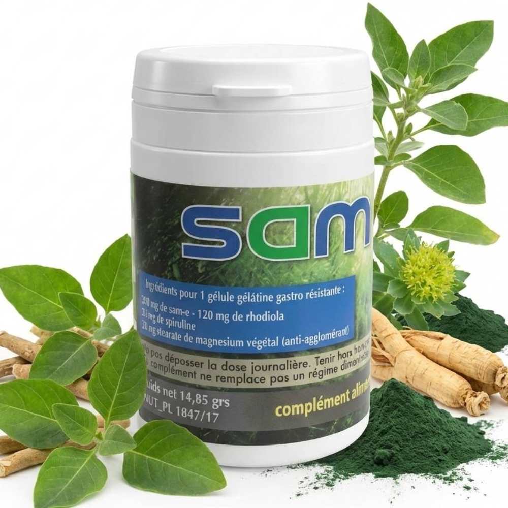 Une boîte de 30 gélules de samavance de la marque jade recherche avec ses ingrédients naturels tout autour