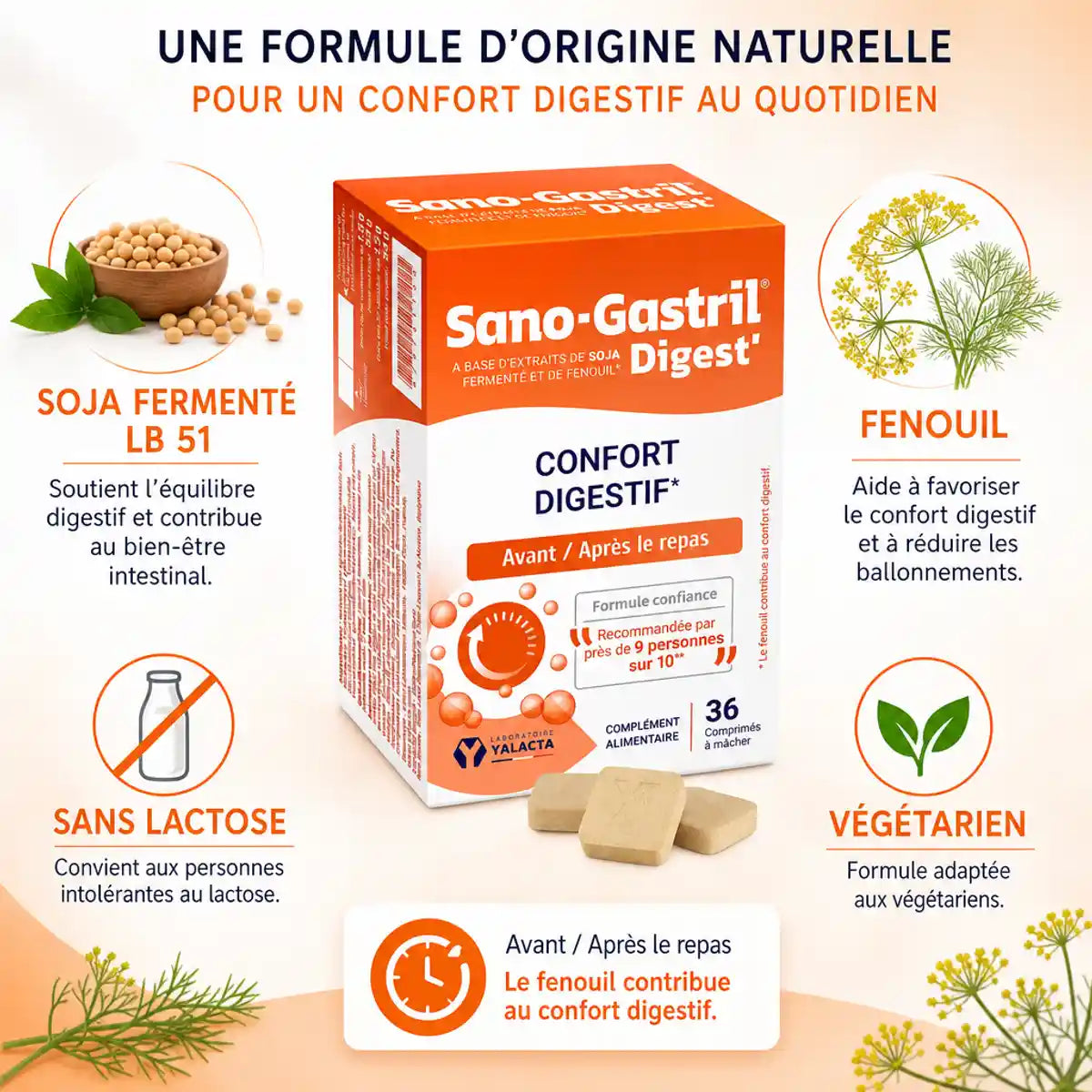 Sano-Gastril Digest 36 comprimés Yalacta avec ingrédients soja fermenté, fenouil, sans lactose, végétarien
