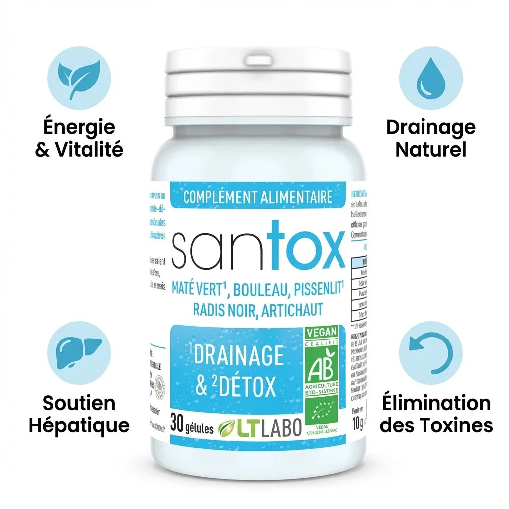 Santox Bio 30 gélules détox drainage - Flacon LT Labo avec bénéfices énergie vitalité hépatique