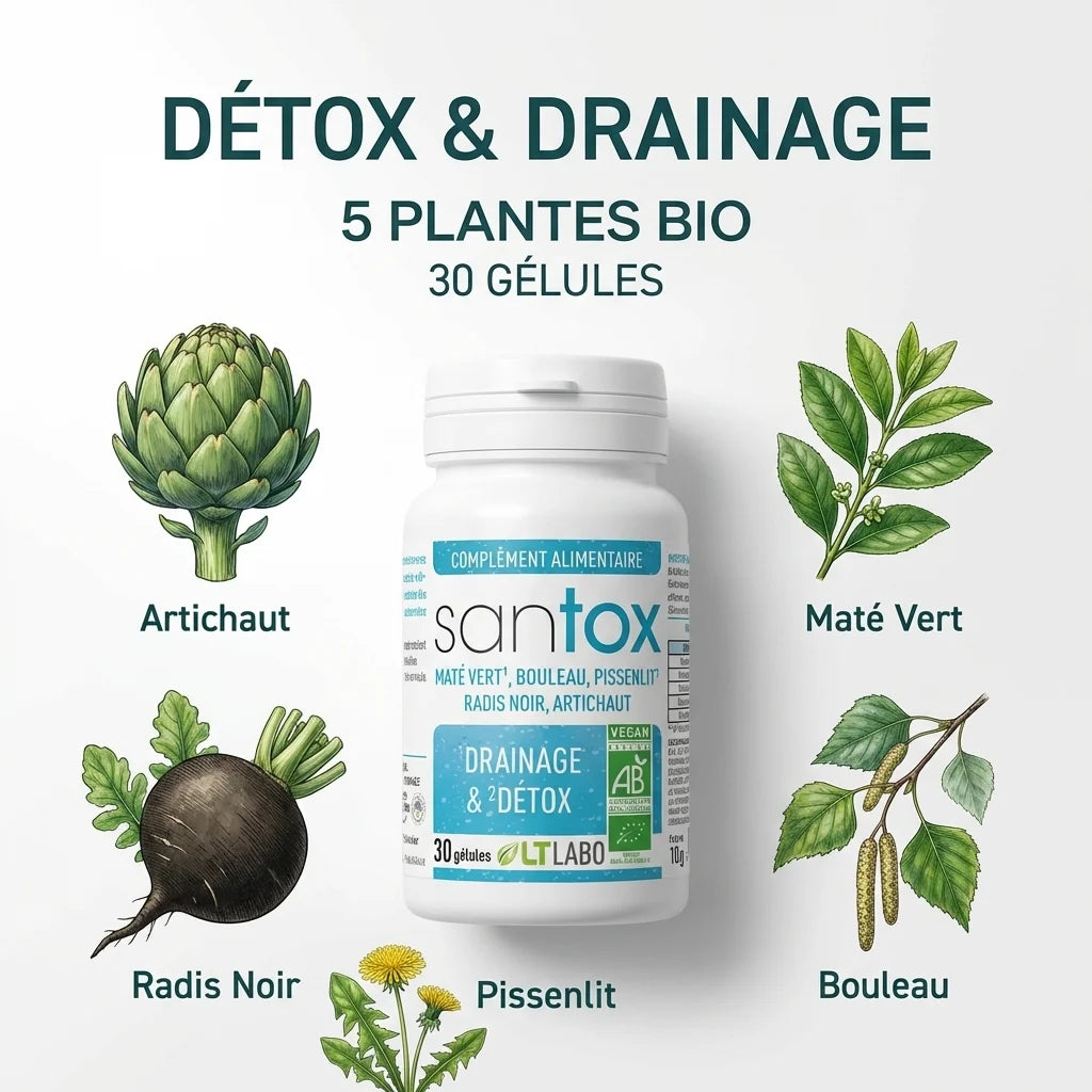 Santox Bio 30 gélules détox drainage avec 5 plantes bio - Artichaut, Radis Noir, Pissenlit, Maté, Bouleau