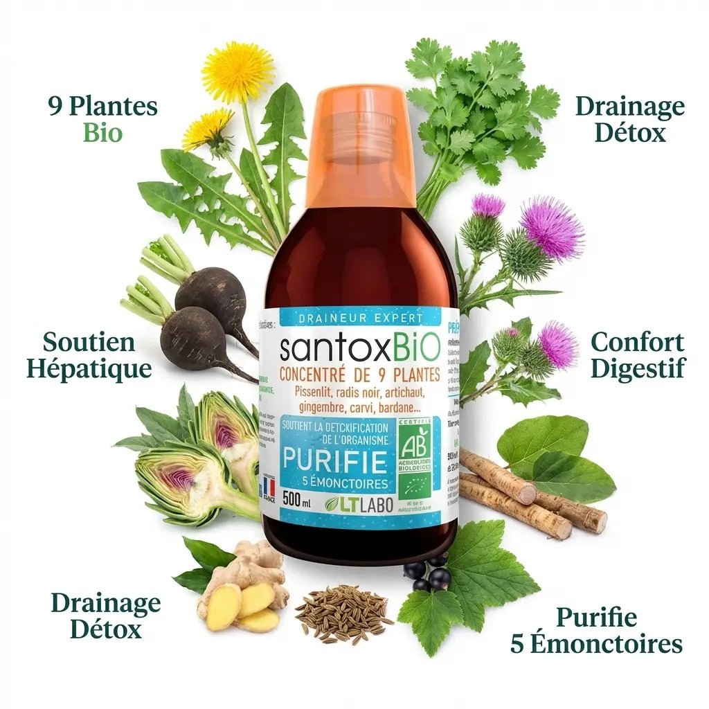 Santox Bio 500ml - 9 plantes pour drainage détox et soutien hépatique - LT Labo