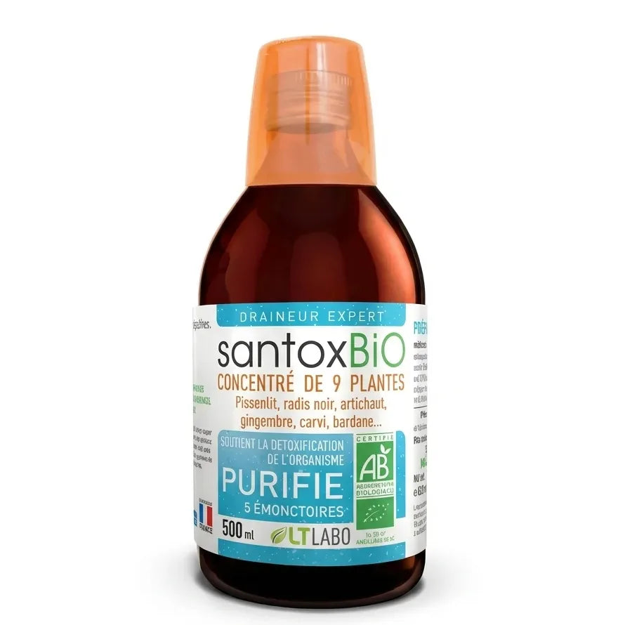Santox Buvable Bio 500ml LT Labo flacon verre ambré avec étiquette blanche et verte