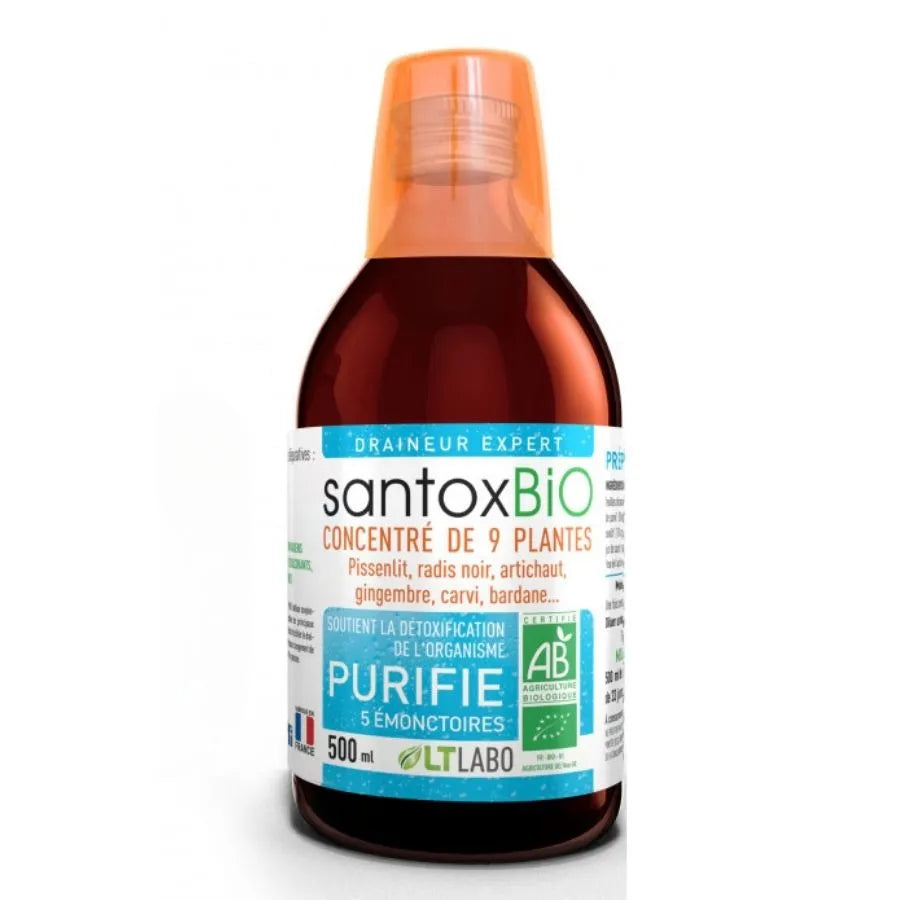 Un flacon de santox buvable bio, concentré de 9 plantes, de 500ml de la marque LT LABO