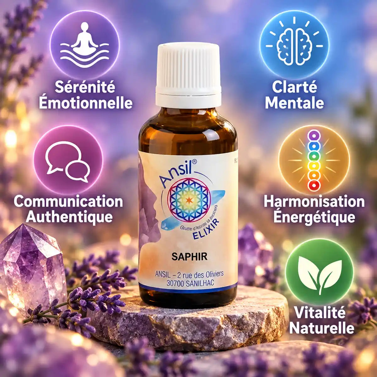 Saphir Elixir cristal 30ml Ansil avec bénéfices: sérénité, clarté mentale, communication, harmonie énergétique