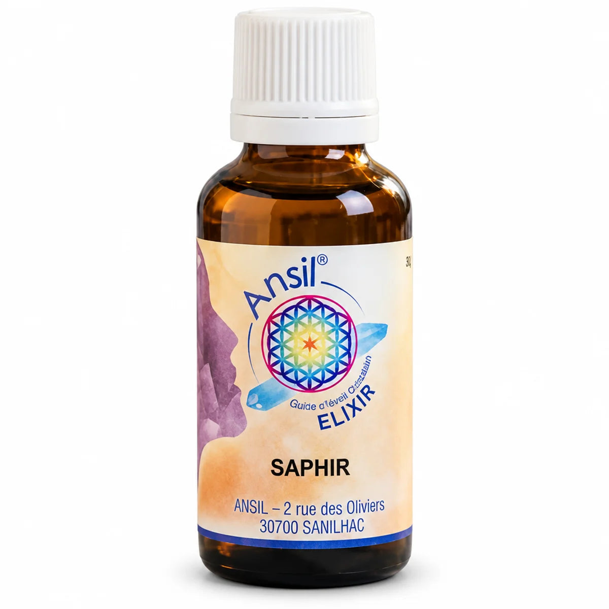 Flacon Ansil Saphir Elixir de cristal 30ml avec étiquette mandala sur fond blanc