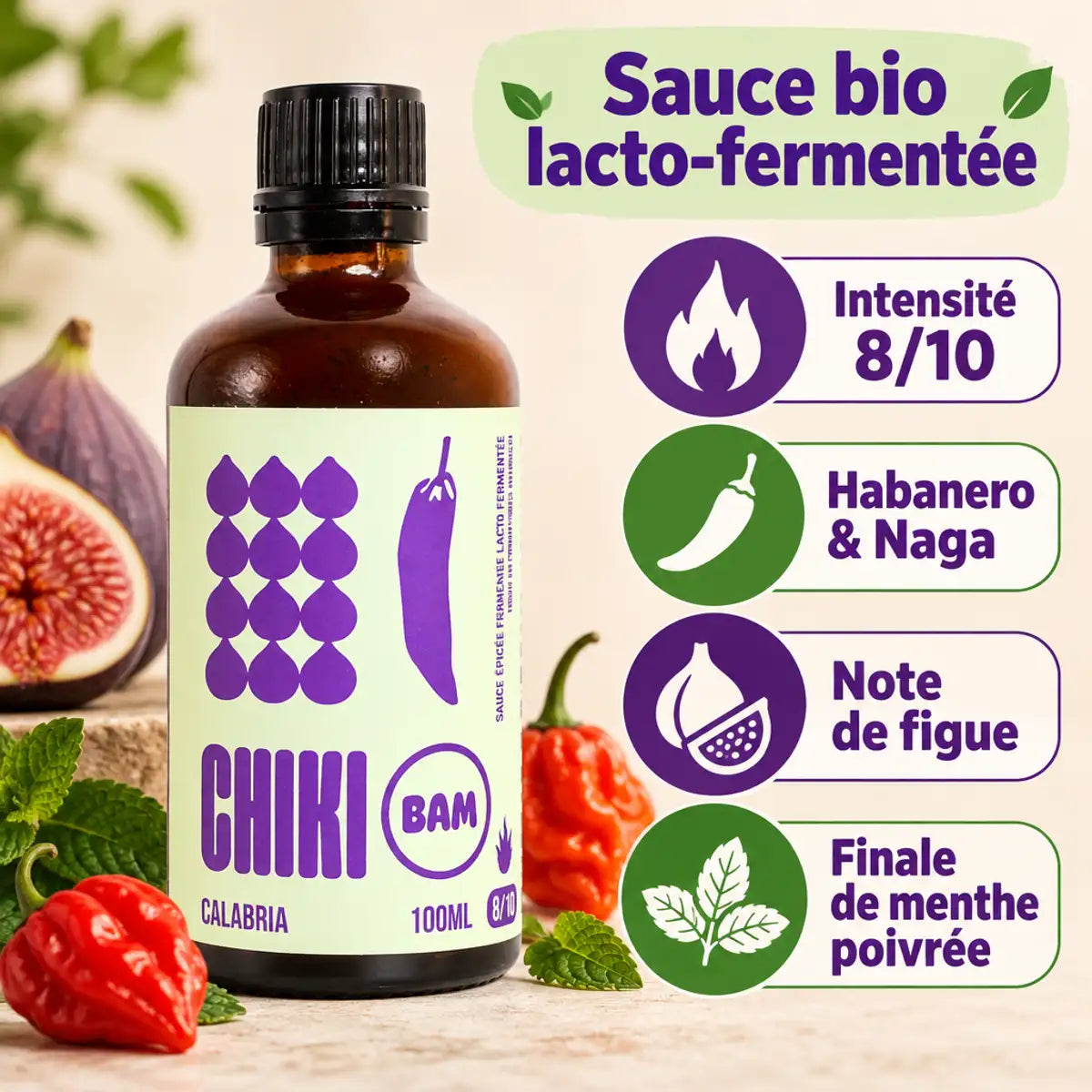 Sauce piquante bio Calabria Chiki Bam 100 mL, intensité 8/10, avec habanero, naga, note de figue et finale de menthe poivrée