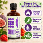 Sauce piquante bio Calabria Chiki Bam 100 mL, intensité 8/10, avec habanero, naga, note de figue et finale de menthe poivrée