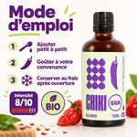 Sauce piquante bio Calabria 8/10 Chiki Bam 100 mL, mode d'emploi en 3 étapes et badges Bio et intensité 8/10