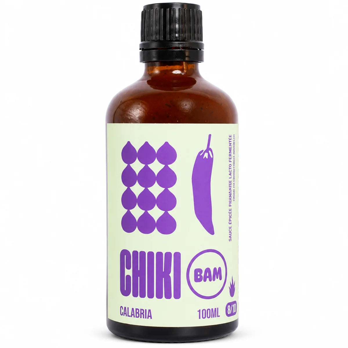 Bouteille de sauce piquante bio Chiki Bam Calabria 100 mL, étiquette vert menthe, intensité 8/10