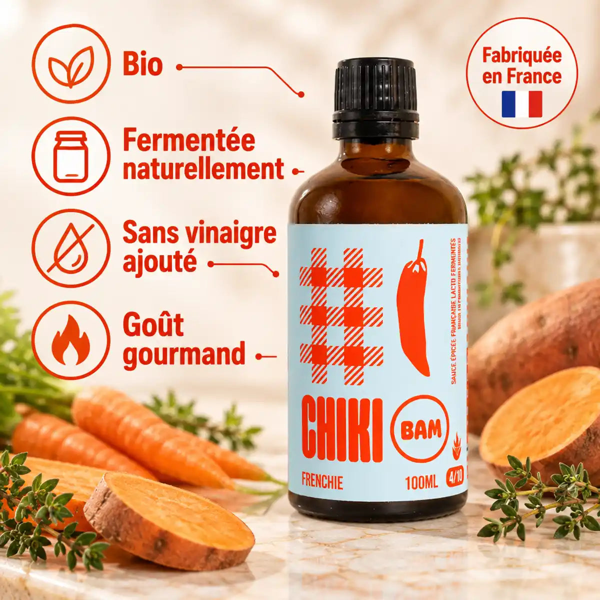 Sauce piquante bio Frenchie Chiki Bam 100 mL, intensité 4/10, fermentée naturellement, sans vinaigre ajouté, fabriquée en France