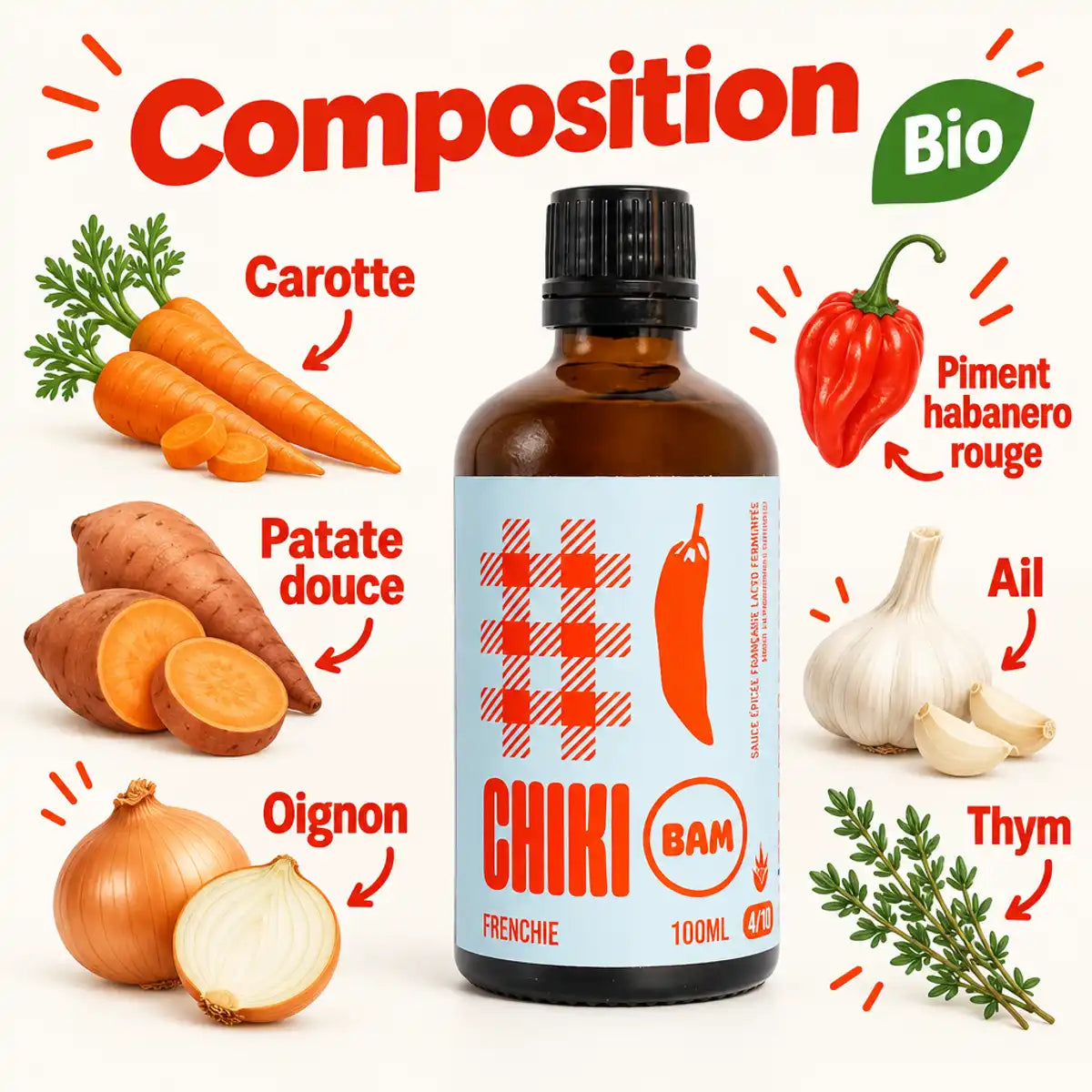 Sauce piquante bio Frenchie Chiki Bam 100 mL, flacon ambré, étiquette bleu clair à carreaux rouges, ingrédients frais : carotte, patate douce, habanero