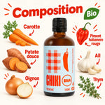 Sauce piquante bio Frenchie Chiki Bam 100 mL, flacon ambré, étiquette bleu clair à carreaux rouges, ingrédients frais : carotte, patate douce, habanero