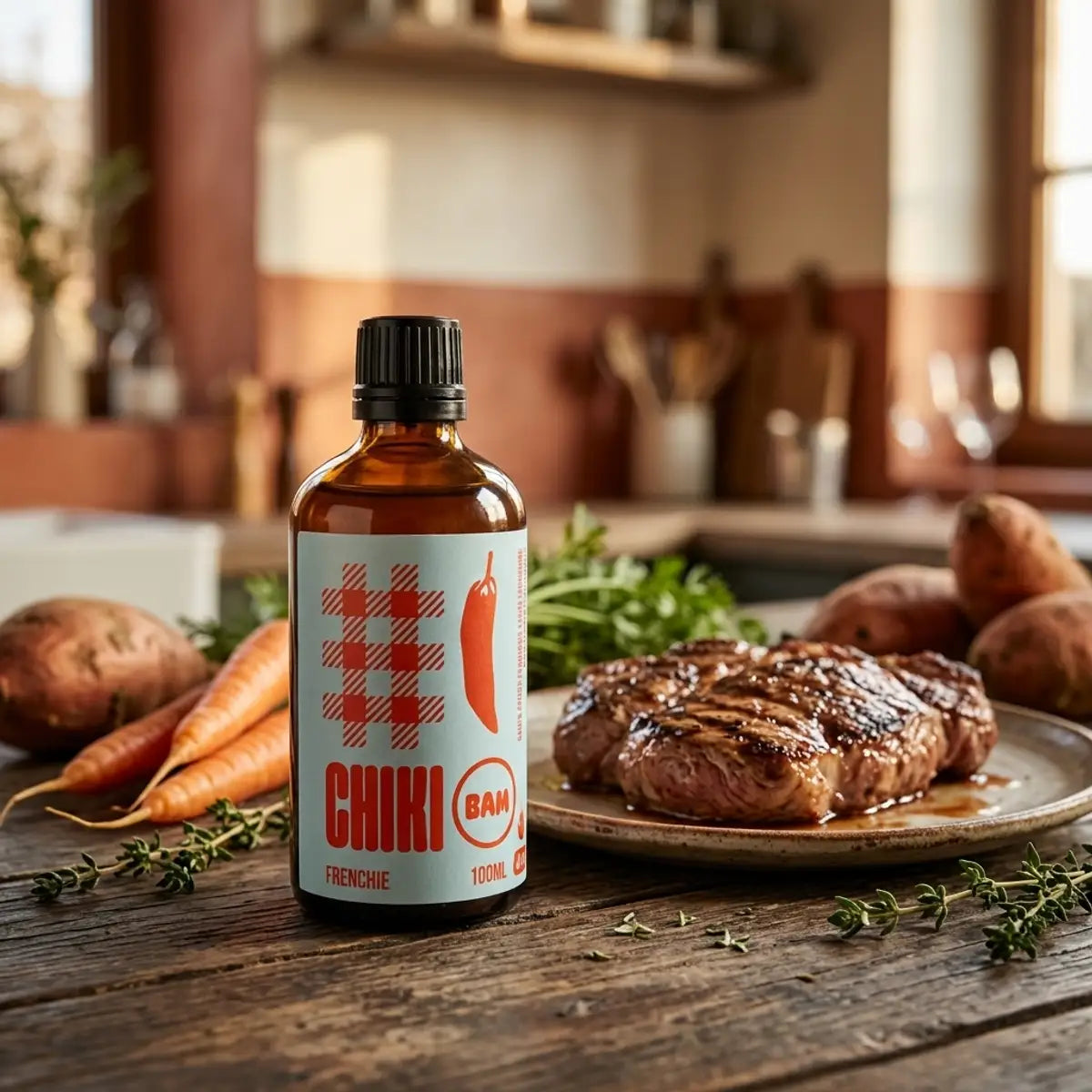 Sauce piquante bio Frenchie Chiki Bam 100 mL en bouteille ambrée, entourée de carottes, patates douces et viande grillée
