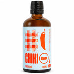 Bouteille de sauce piquante bio Chiki Bam Frenchie, intensité 4/10, 100 mL, en verre ambré sur fond blanc