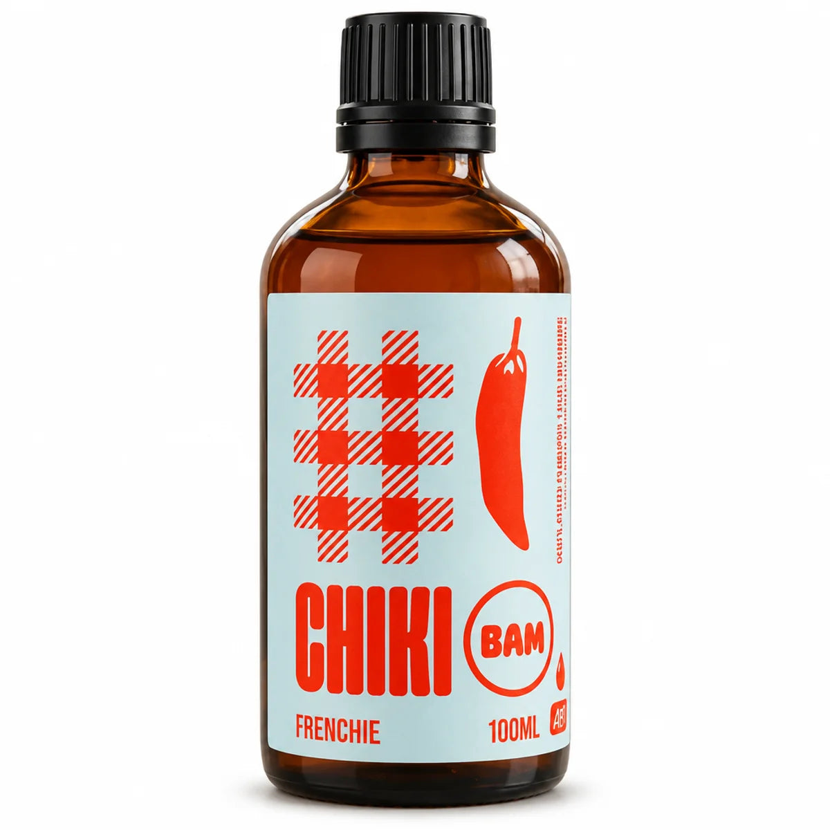 Flacon en verre ambré de 100 mL de sauce piquante bio Chiki Bam Frenchie, étiquette bleu pâle à carreaux rouges, sur fond blanc