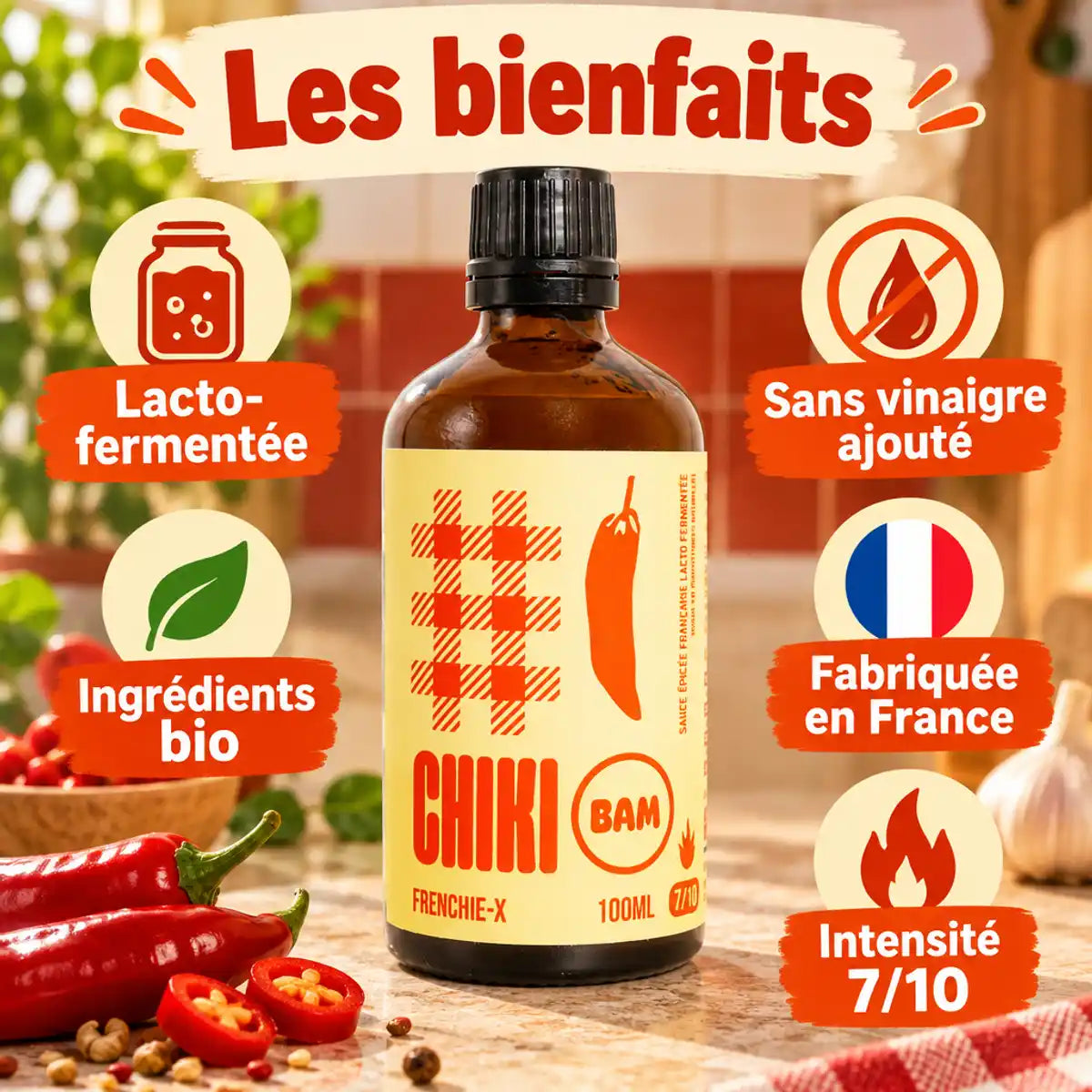 Sauce piquante bio Frenchie-X lacto-fermentée 100 mL Chiki Bam, intensité 7/10, avec mentions bio, sans vinaigre et fabriquée en France