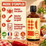 Sauce piquante bio Frenchie-X Chiki Bam 100 mL, intensité 7/10, sur un plan de cuisine avec mode d'emploi en français