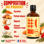 Sauce piquante bio Frenchie X Chiki Bam 100 mL, composition avec carotte, patate douce, oignon, habanero, ail et thym