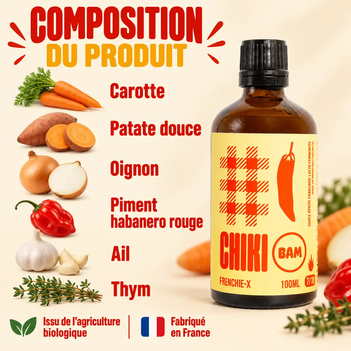 Sauce piquante bio Frenchie X Chiki Bam 100 mL, composition avec carotte, patate douce, oignon, habanero, ail et thym