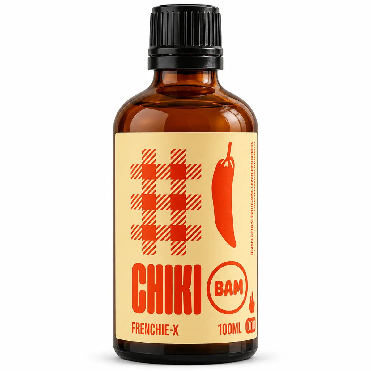 Sauce piquante bio Chiki Bam Frenchie-X 100 mL, intensité 7/10, flacon en verre ambré à capsule noire