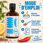 Sauce piquante bio Mogador Chiki Bam 100 mL, intensité 5/10, avec mode d'emploi en 3 étapes sur fond crème
