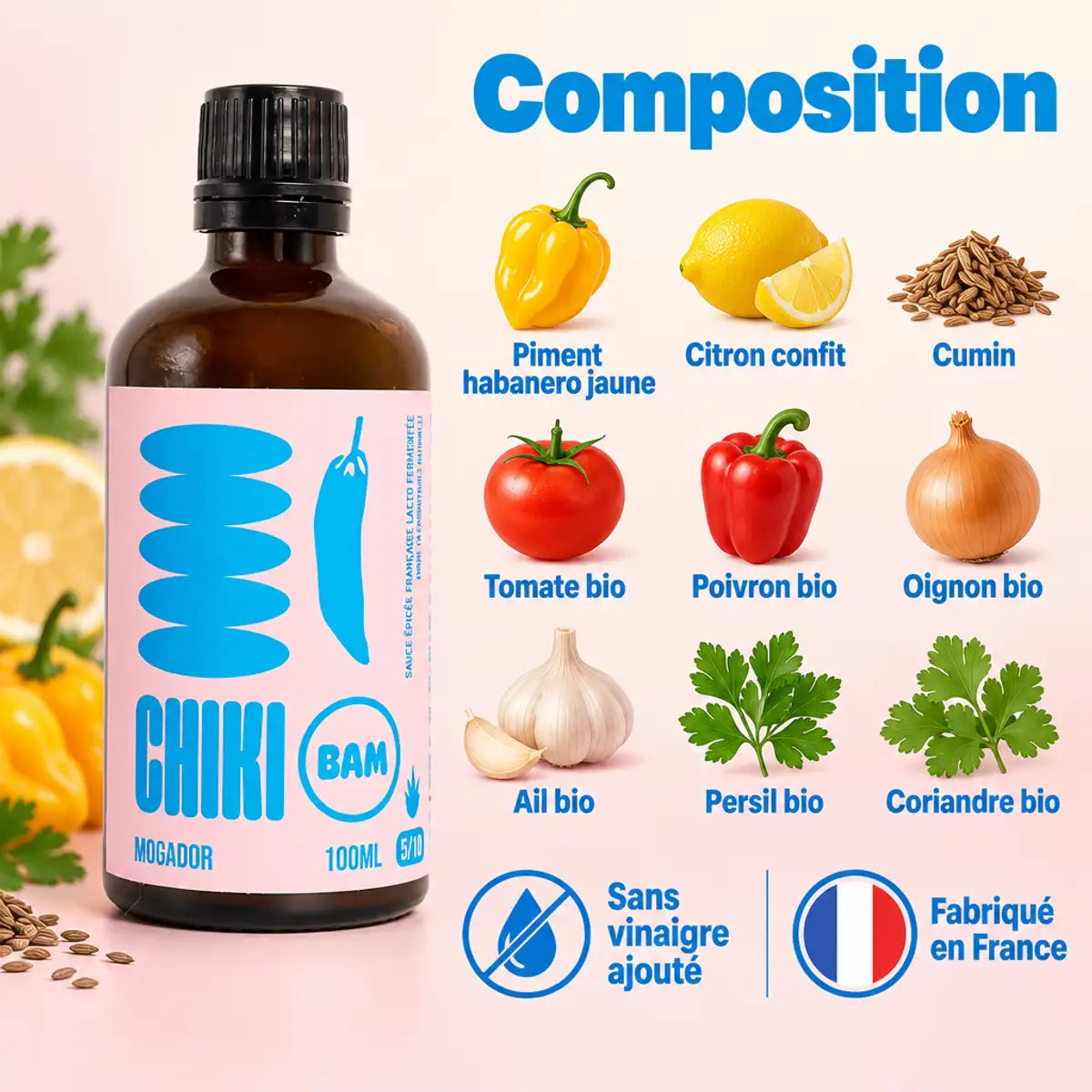 Sauce piquante bio Mogador Chiki Bam 100 mL, intensité 5/10, avec infographie de composition : habanero, citron confit, cumin, tomate et ail bio