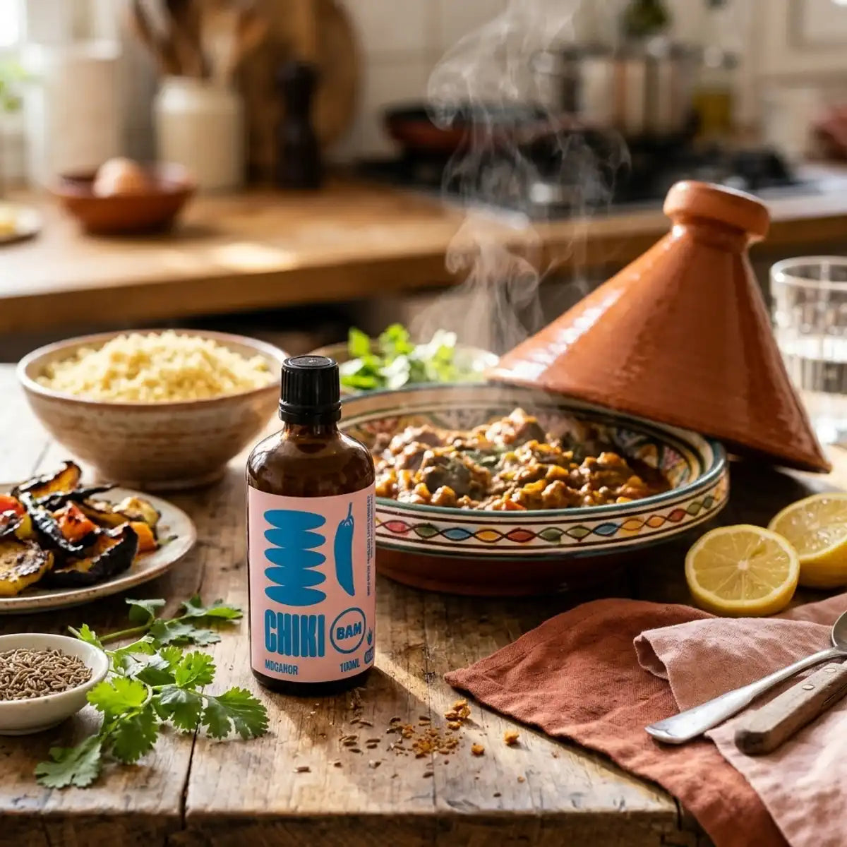 Flacon ambré de sauce piquante bio Mogador Chiki Bam 100 mL sur table avec tajine, couscous et citron