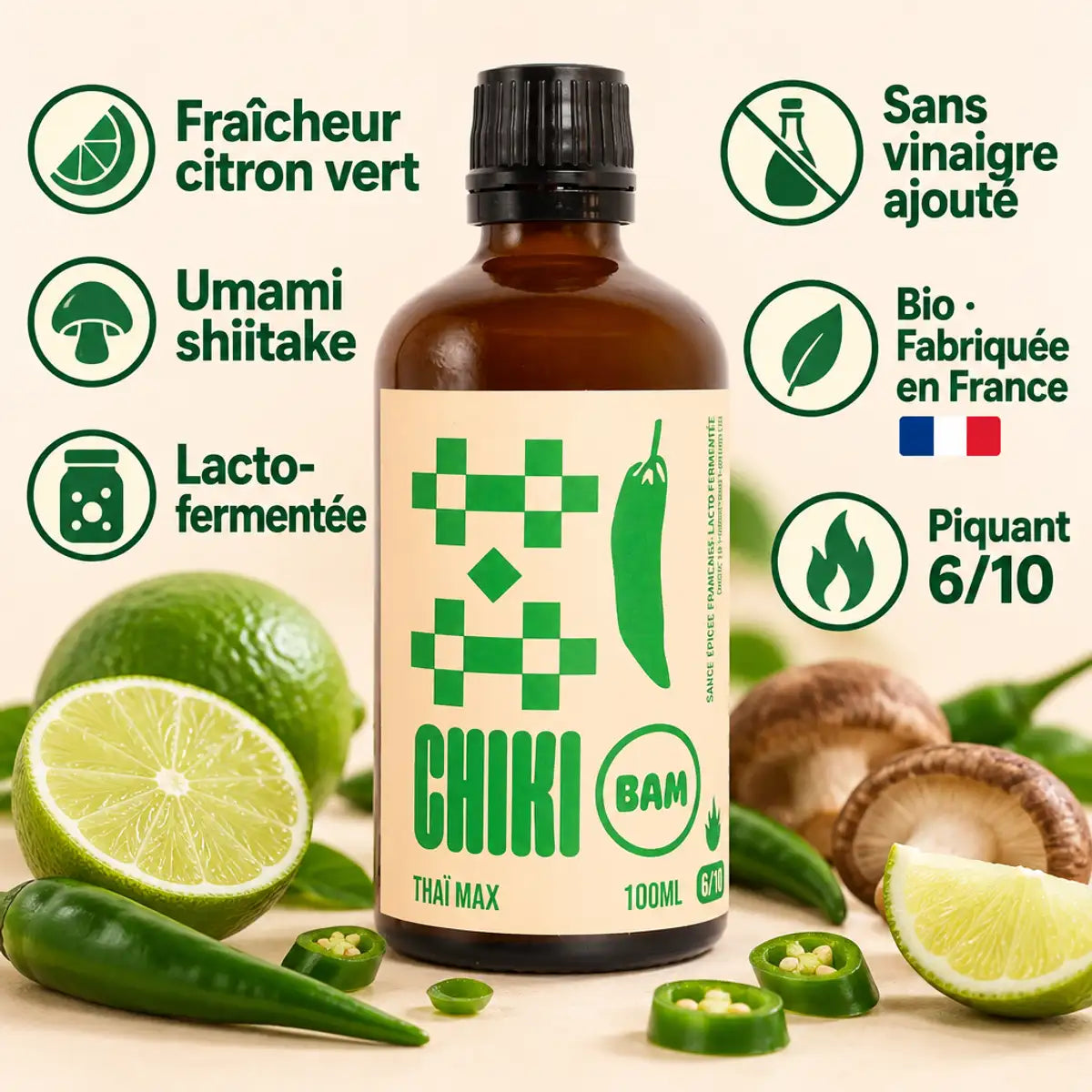 Sauce piquante bio Thaï Max Chiki Bam 100 mL, flacon ambré avec étiquette crème, citron vert et piments frais, intensité 6/10