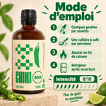 Sauce piquante bio Thaï Max 6/10 Chiki Bam 100 mL, flacon ambré, et mode d'emploi en 4 étapes sur fond crème