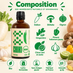 Bouteille de sauce piquante bio Thaï Max Chiki Bam et ses ingrédients : daikon, shiitake, gingembre, habanero, ail