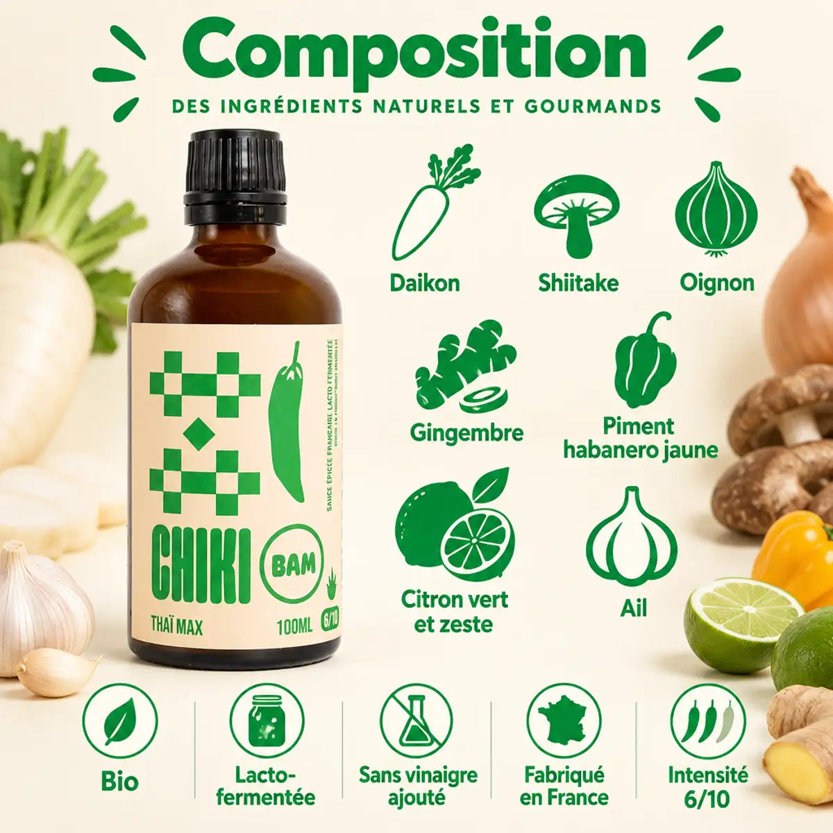 Bouteille de sauce piquante bio Thaï Max Chiki Bam et ses ingrédients : daikon, shiitake, gingembre, habanero, ail