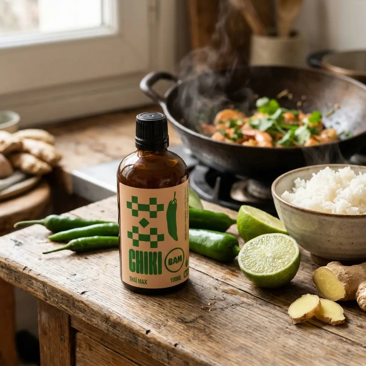 Sauce piquante bio Thaï Max 100 mL Chiki Bam sur un comptoir en bois, entourée de piments, citron vert, gingembre et crevettes sautées