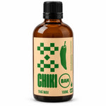 Sauce piquante bio Chiki Bam Thaï Max 100 mL, intensité 6/10, flacon en verre ambré à étiquette pêche et bouchon noir
