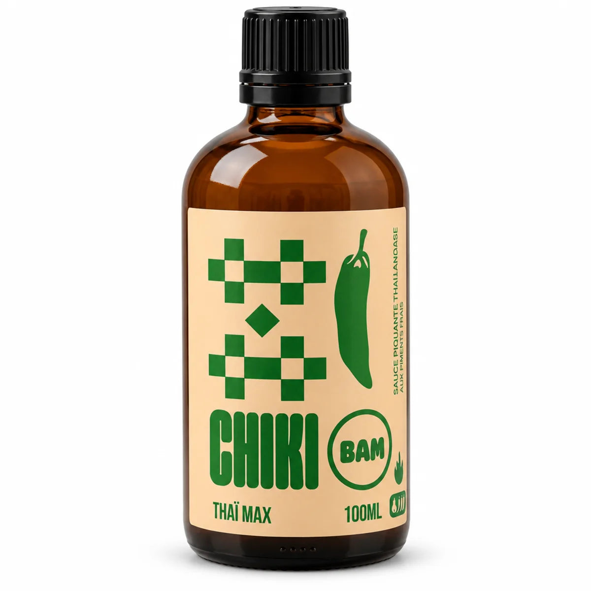 Sauce piquante bio Chiki Bam Thaï Max 100 mL, intensité 6/10, flacon en verre ambré à étiquette pêche et bouchon noir