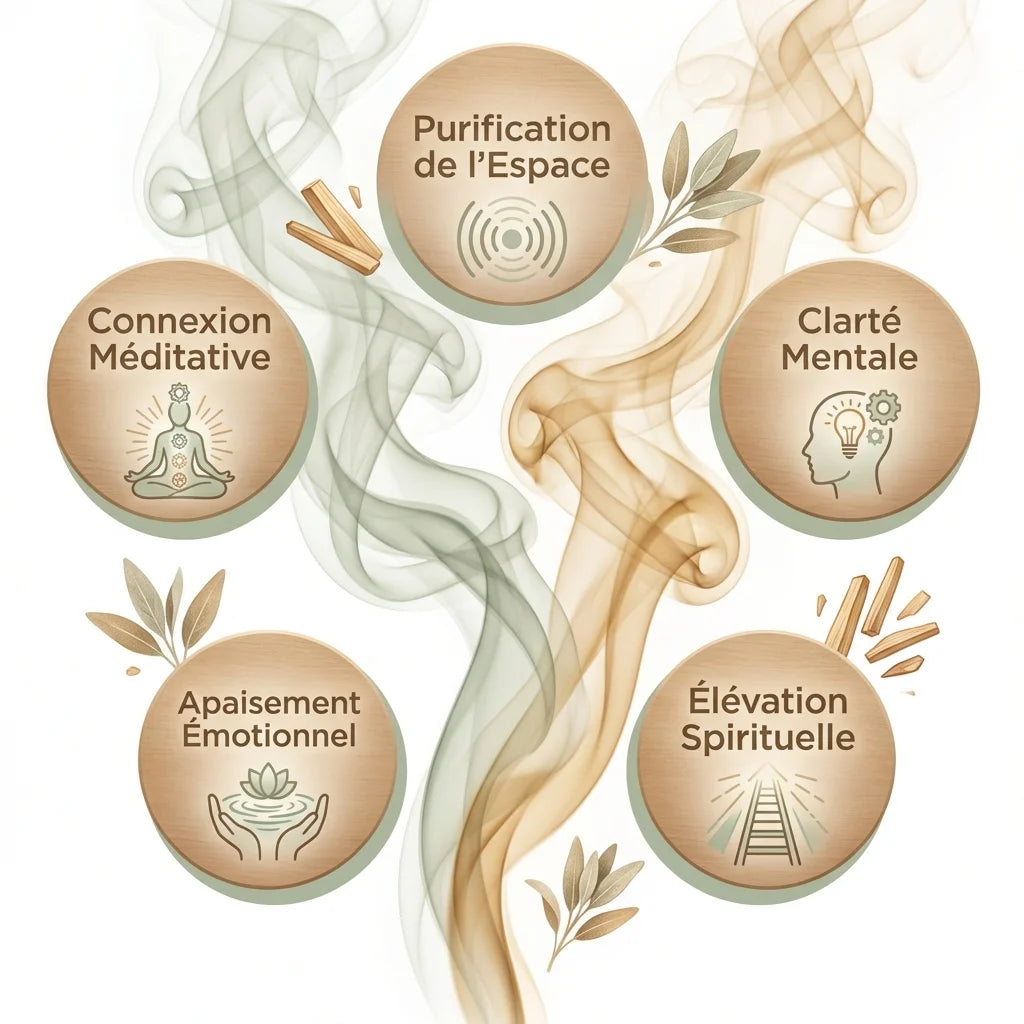 Infographie purification sauge blanche palo santo avec 5 bénéfits spirituels et bien-être en français