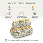Fagot de purification sauge blanche et palo santo avec instructions d'utilisation en français sur fond blanc