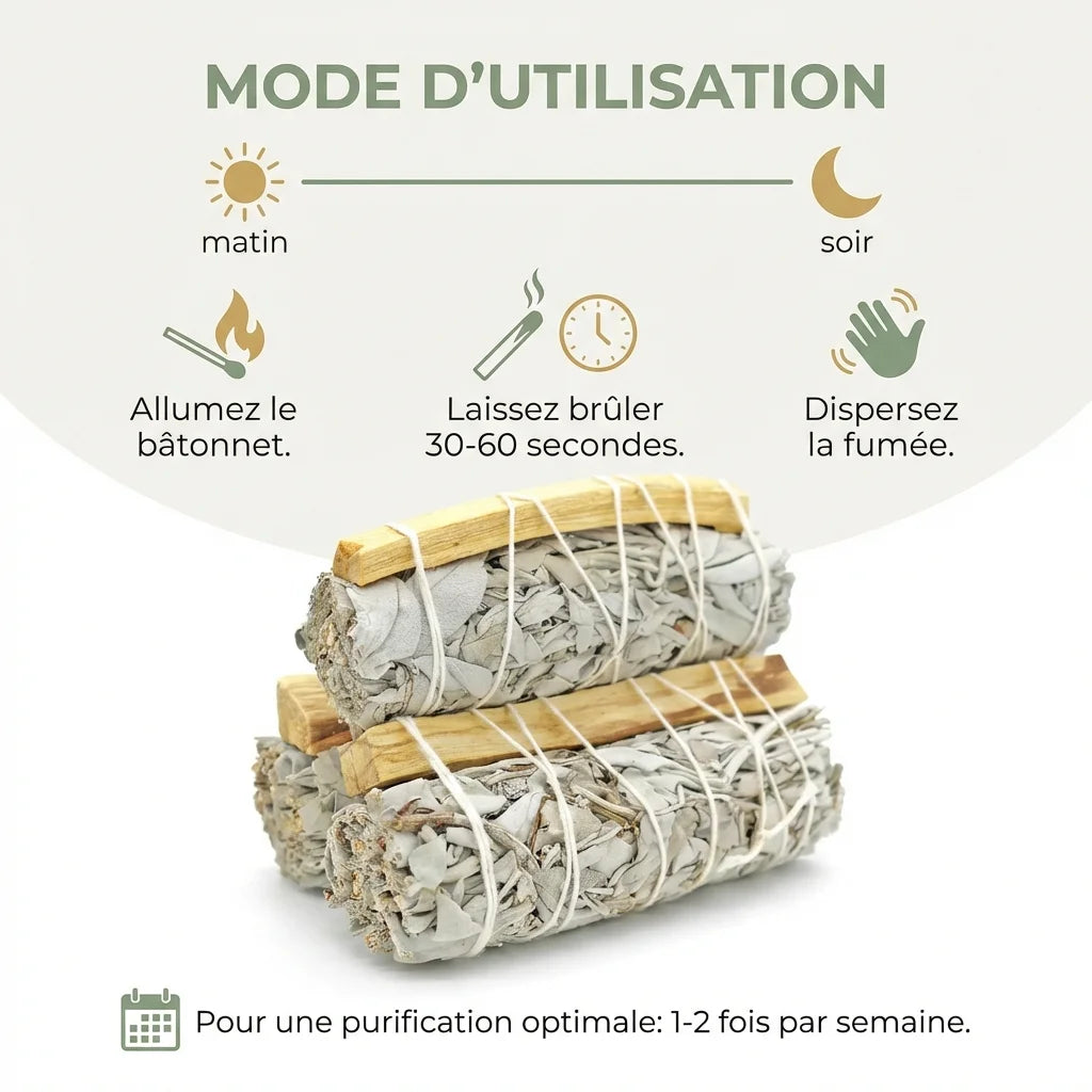 Fagot de purification sauge blanche et palo santo avec instructions d'utilisation en français sur fond blanc