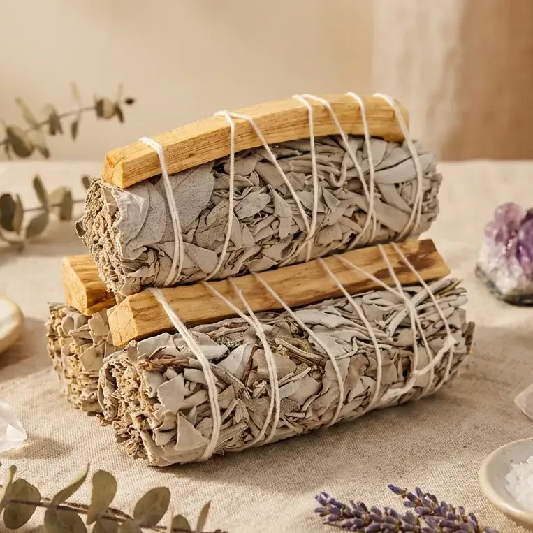 Fagot de purification sauge blanche et palo santo sur autel de méditation avec cristaux