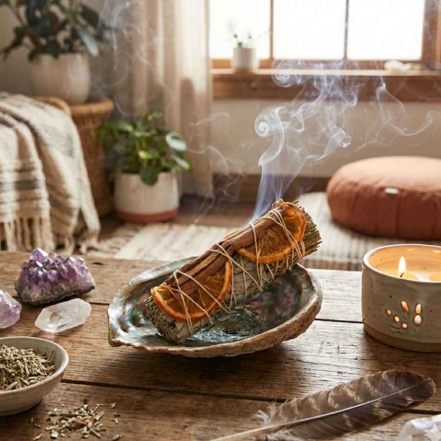 Un fagot de sauge orange cannelle dans une ambiance sprirituelle