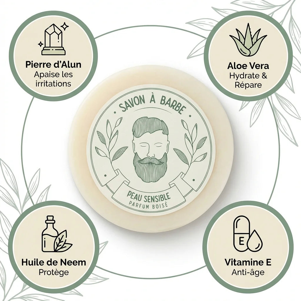 Savon à barbe peau sensible 80g avec aloe vera, neem et pierre d'alun pour apaiser irritations