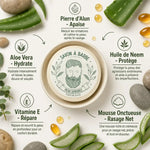 Savon à barbe peau sensible avec bol céramique et infographies des bénéfits en studio