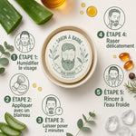 Savon à barbe peau sensible avec guide d'utilisation étapes et ingrédients naturels aloe vera neem