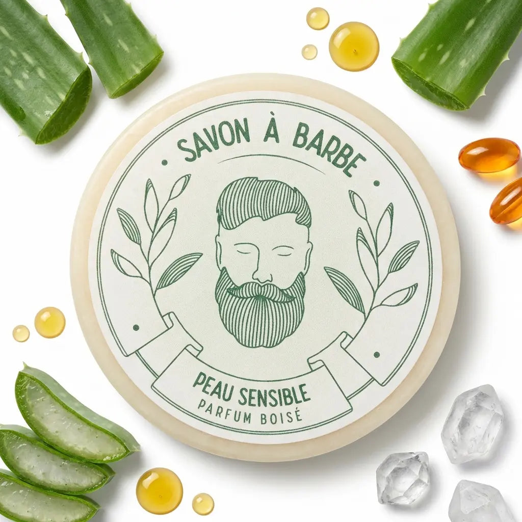 Savon à barbe peau sensible avec ingrédients naturels aloe vera et vitamine E