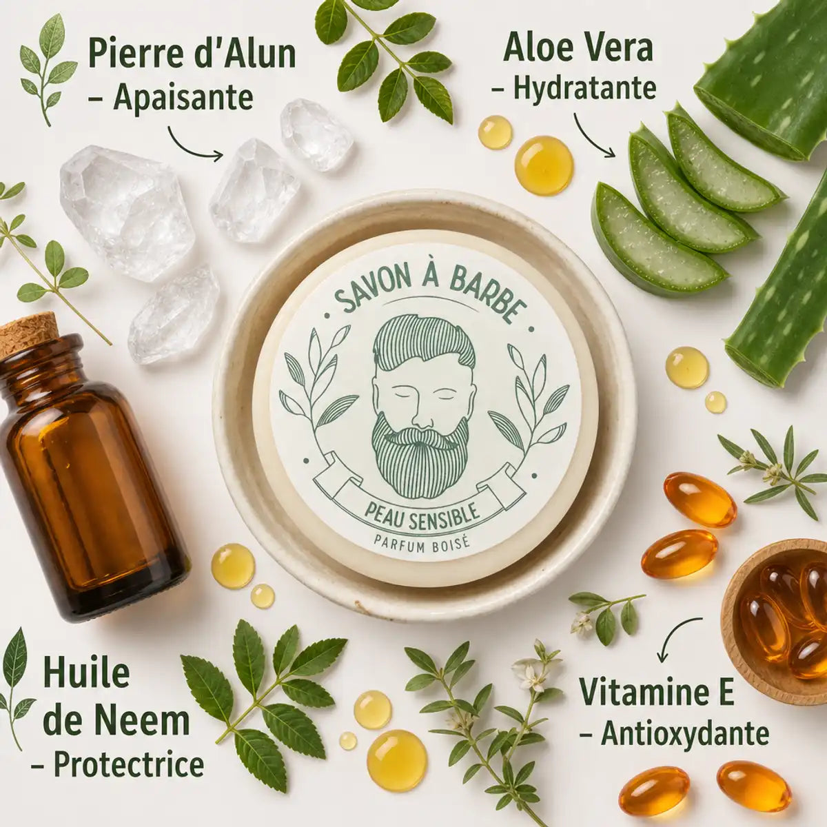 Savon à barbe peau sensible avec aloe vera, neem et vitamine E - 80g
