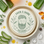 Savon à barbe peau sensible dans bol céramique avec aloe vera et huile dorée