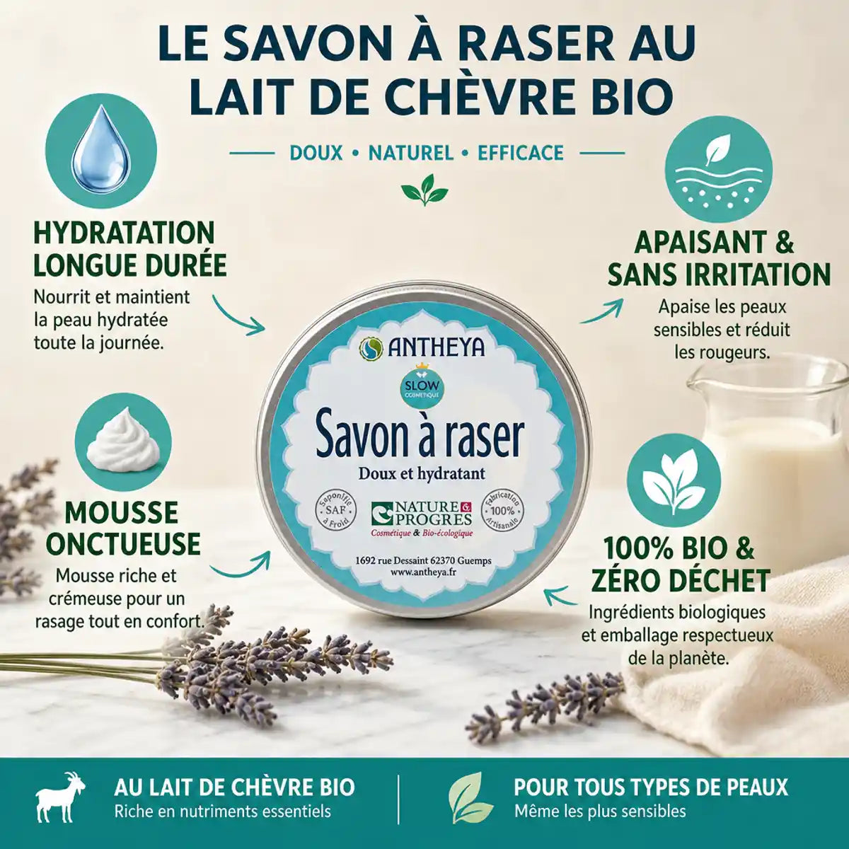 Savon à raser bio au lait de chèvre Antheya 90g avec bénéfices hydratation et mousse onctueuse