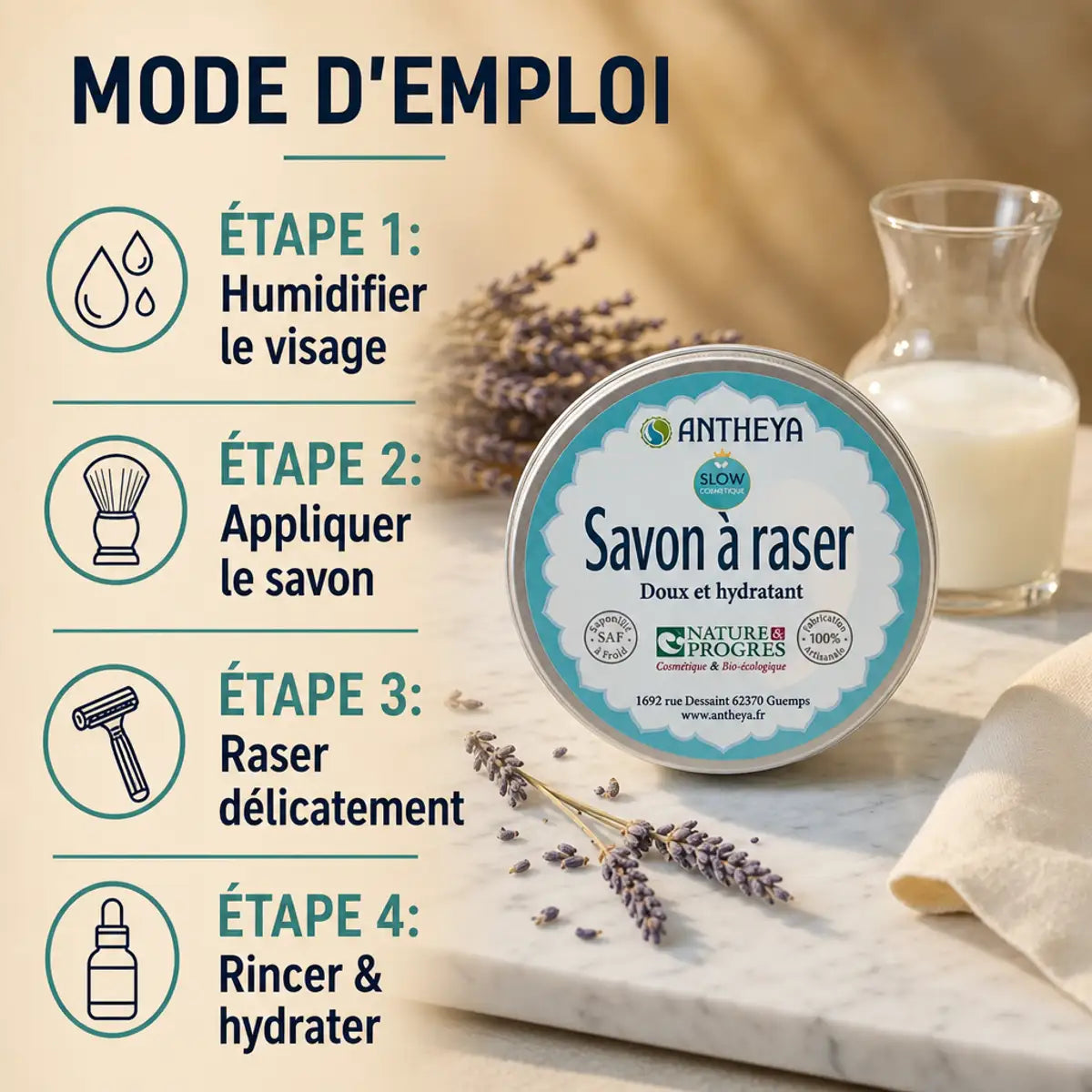 Savon à raser lait de chèvre bio Antheya en boîte turquoise avec guide d'utilisation en 4 étapes