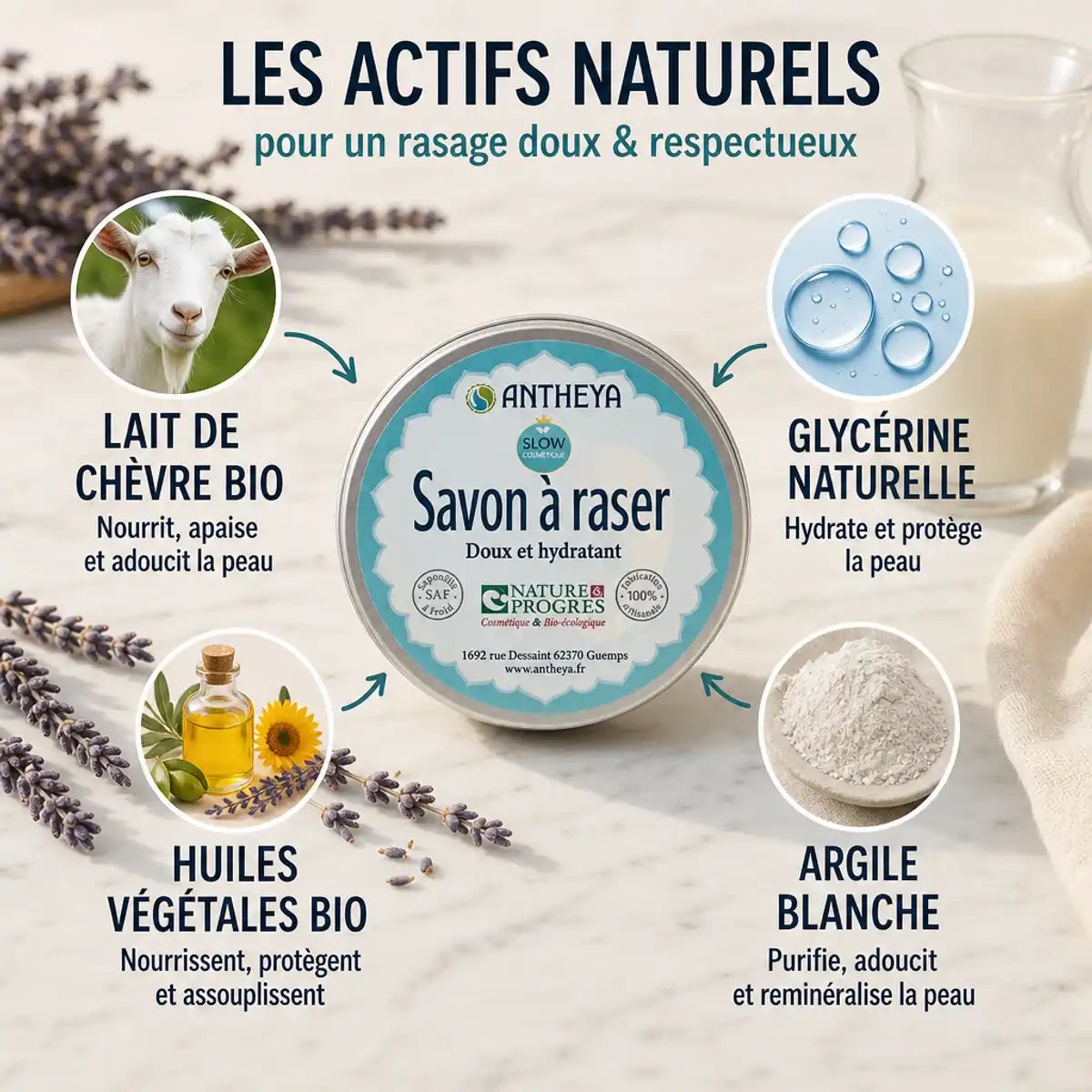 Savon à raser lait de chèvre bio Antheya 90g avec ingrédients naturels et argile blanche