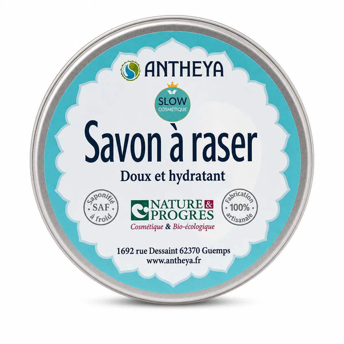 Savon à raser au lait de chèvre bio Antheya 90g en boîte turquoise