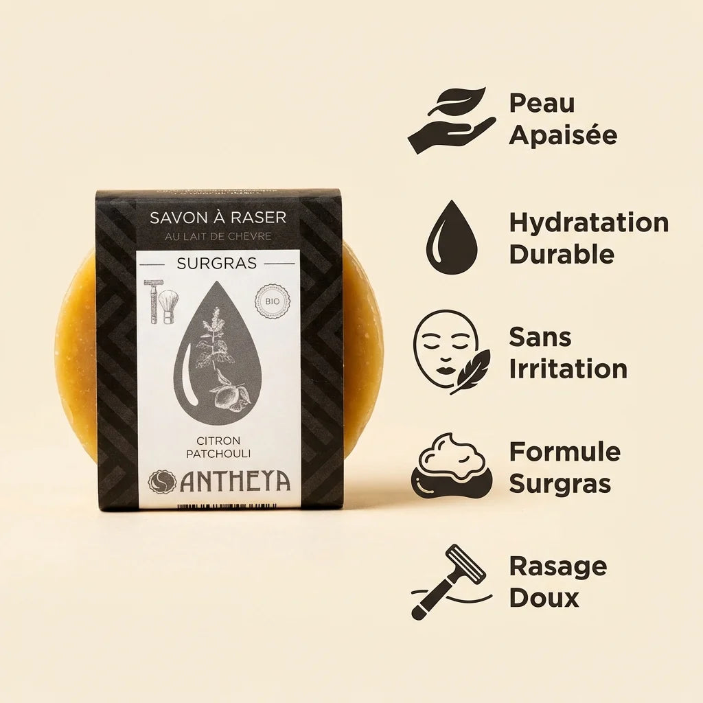 Savon à raser au lait de chèvre Antheya 90g avec bénéfices: peau apaisée, hydratation, sans irritation